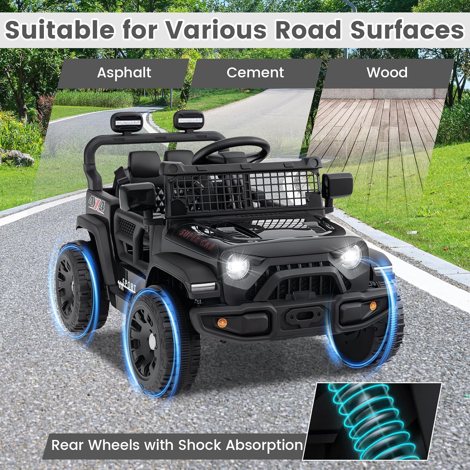 12V Electric Ride On Jeep Toy Car for Kids with Remote Control, USB, Bluetooth, and LED Lights