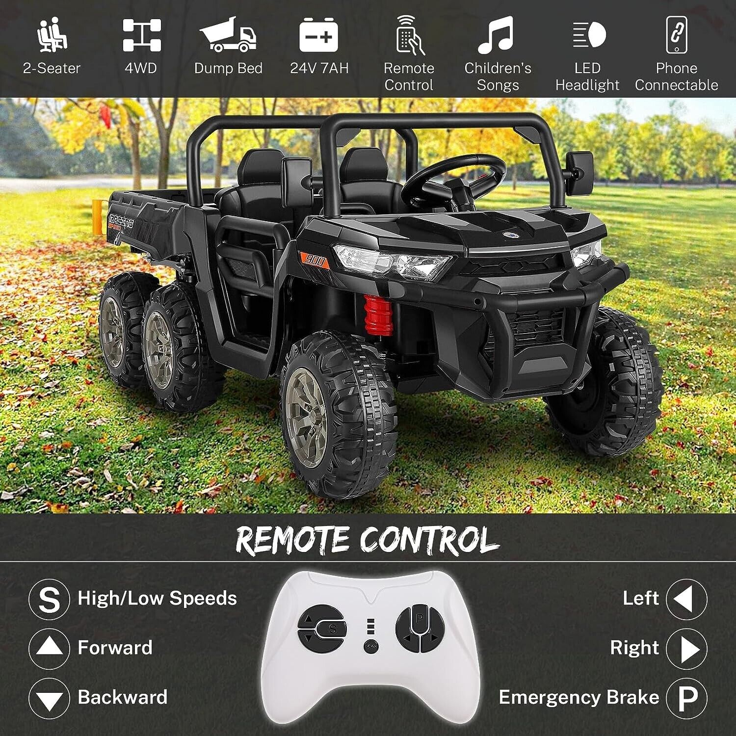 2-Seat 24V Electric Dump Truck Ride-On Toy with 6 Wheels - Black