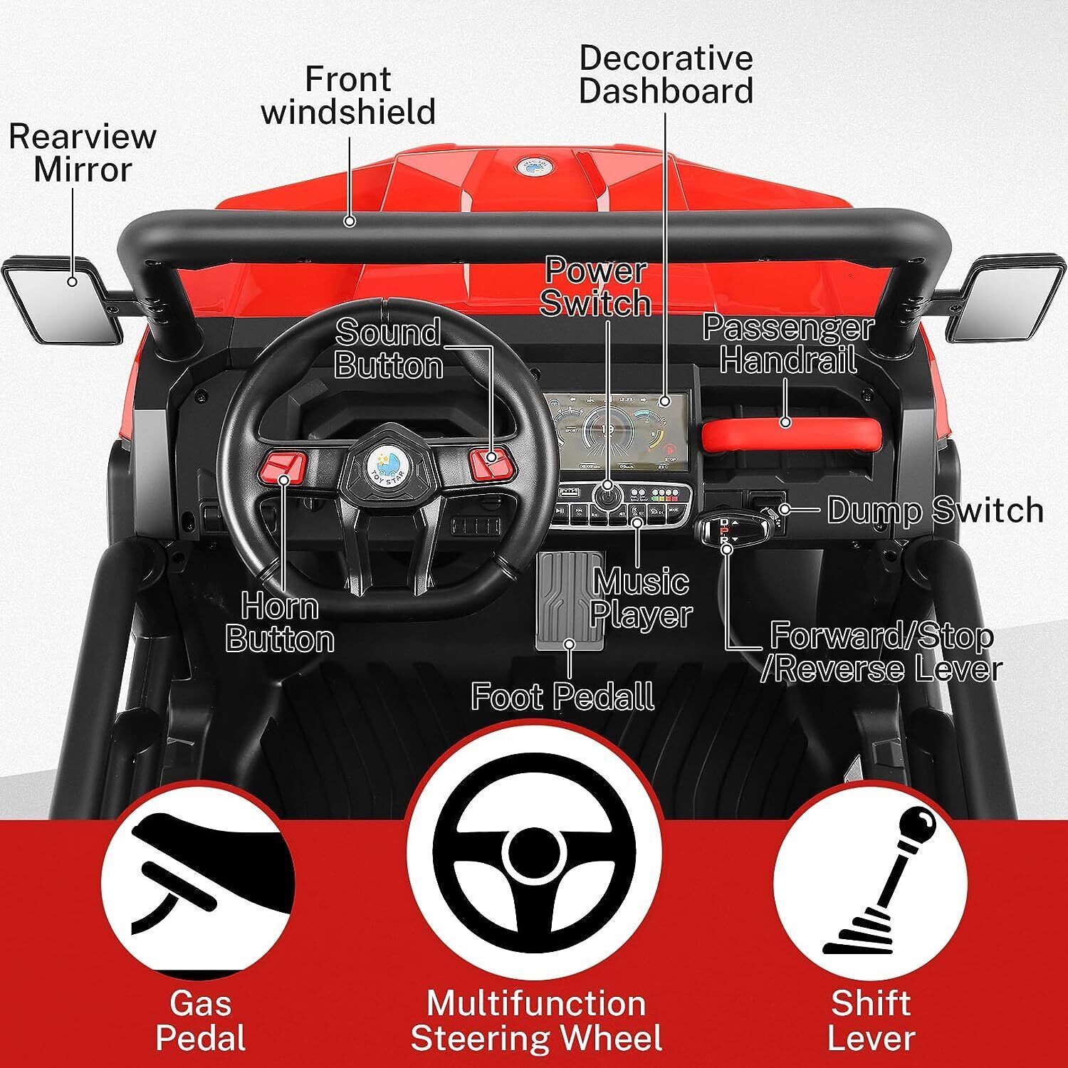 2 Seater 24V 4WD Ride On Car for Kids with Dump Bed, Remote Control, MP3, and LED Lights