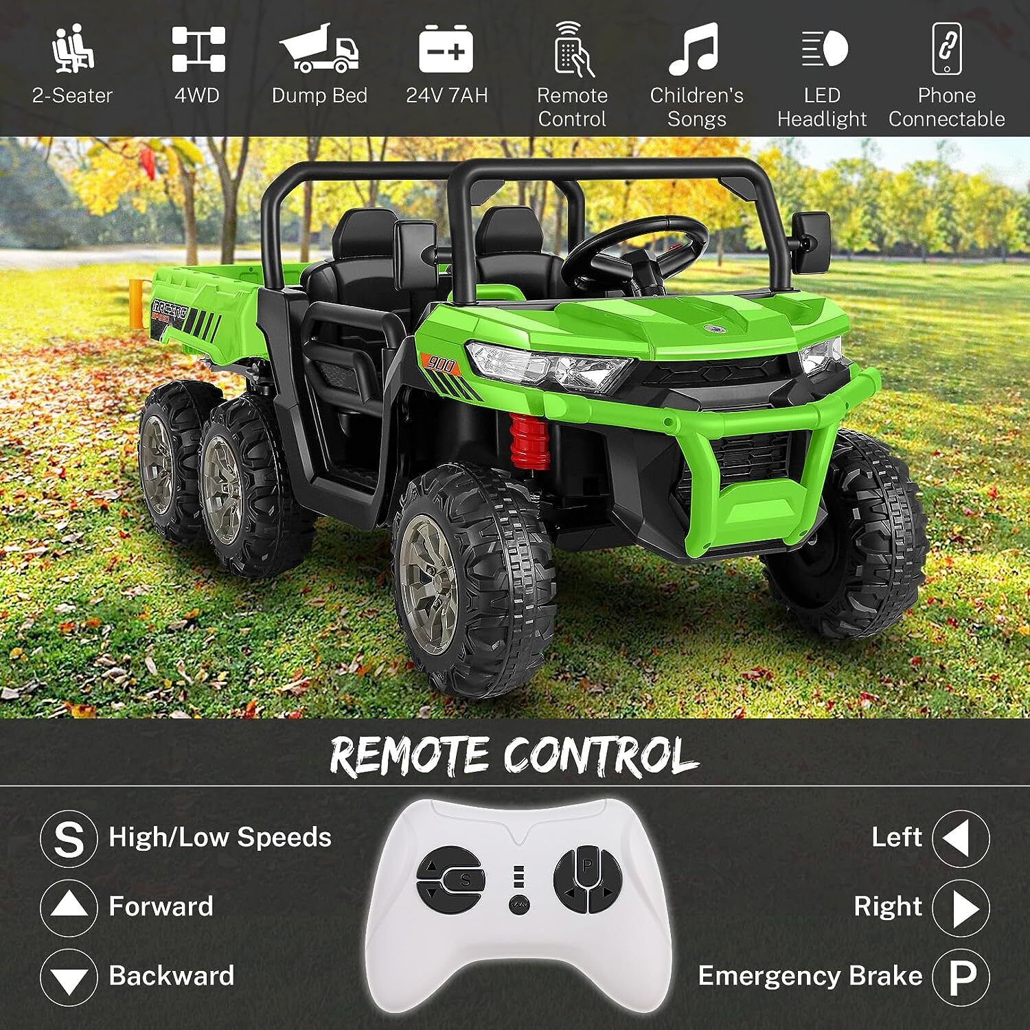 400W 2-Seater 4WD Ride-On Car for Kids with Dump Bed, RC Control, MP3 Player, and LED Lights - 3 Speed Options