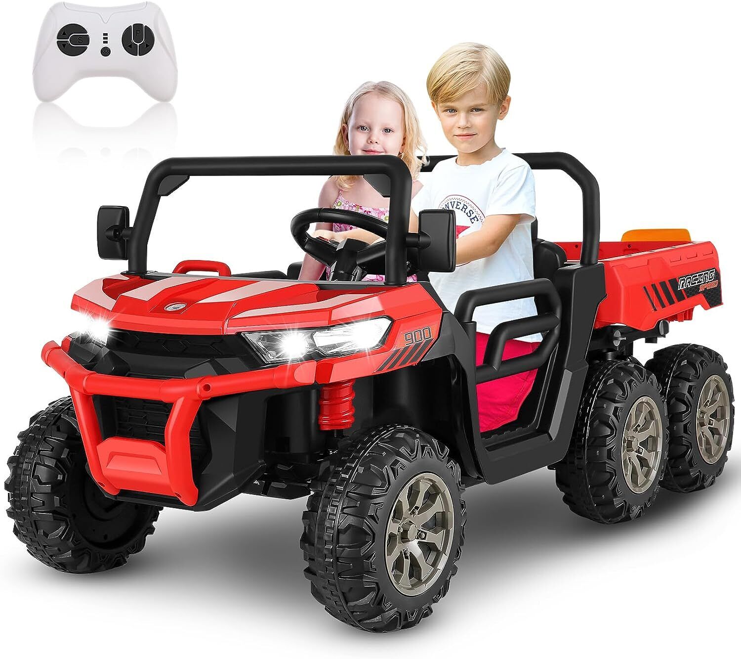 400W 2-Seater 4WD Ride-On Car for Kids with Dump Bed, RC Control, MP3 Player, and LED Lights - 3 Speed Options