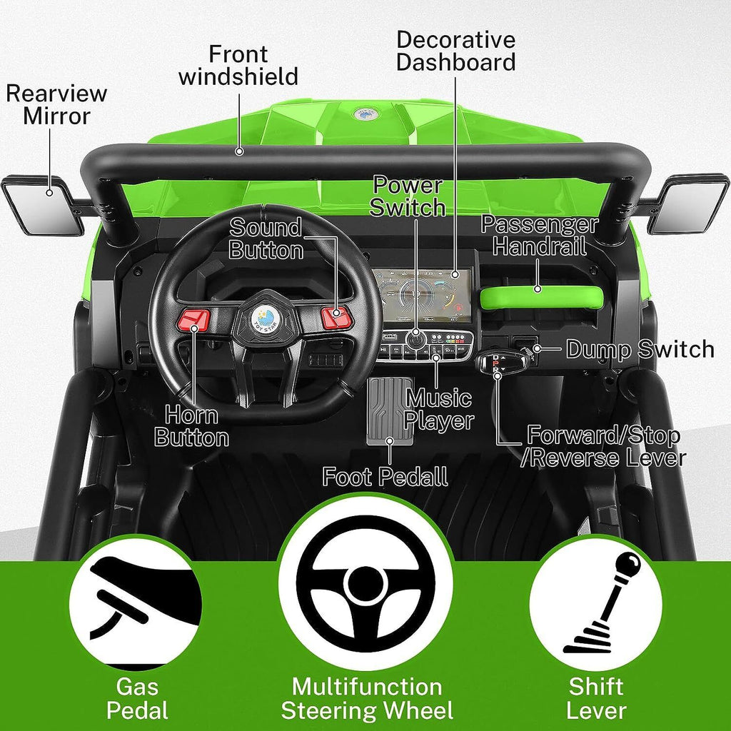 400W 2-Seater 4WD Ride-On Car for Kids with Dump Bed, RC Control, MP3 Player, and LED Lights - 3 Speed Options