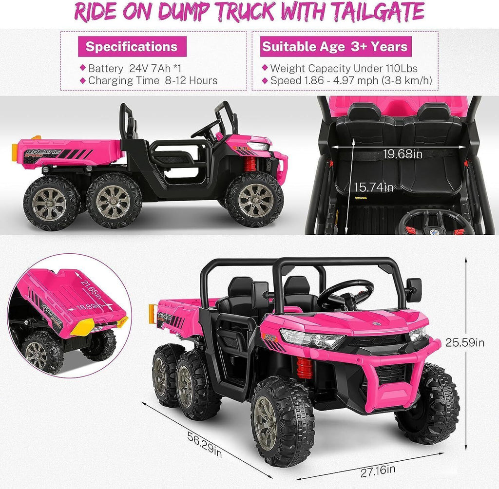 2 Seater 24V Electric Ride-On Car with 4WD, Tractor Trailer, and Dump Feature