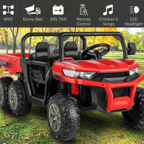 2 Seater 4WD Ride On Car with Dump Bed, Remote Control, and Music - 300W Motors, 24V