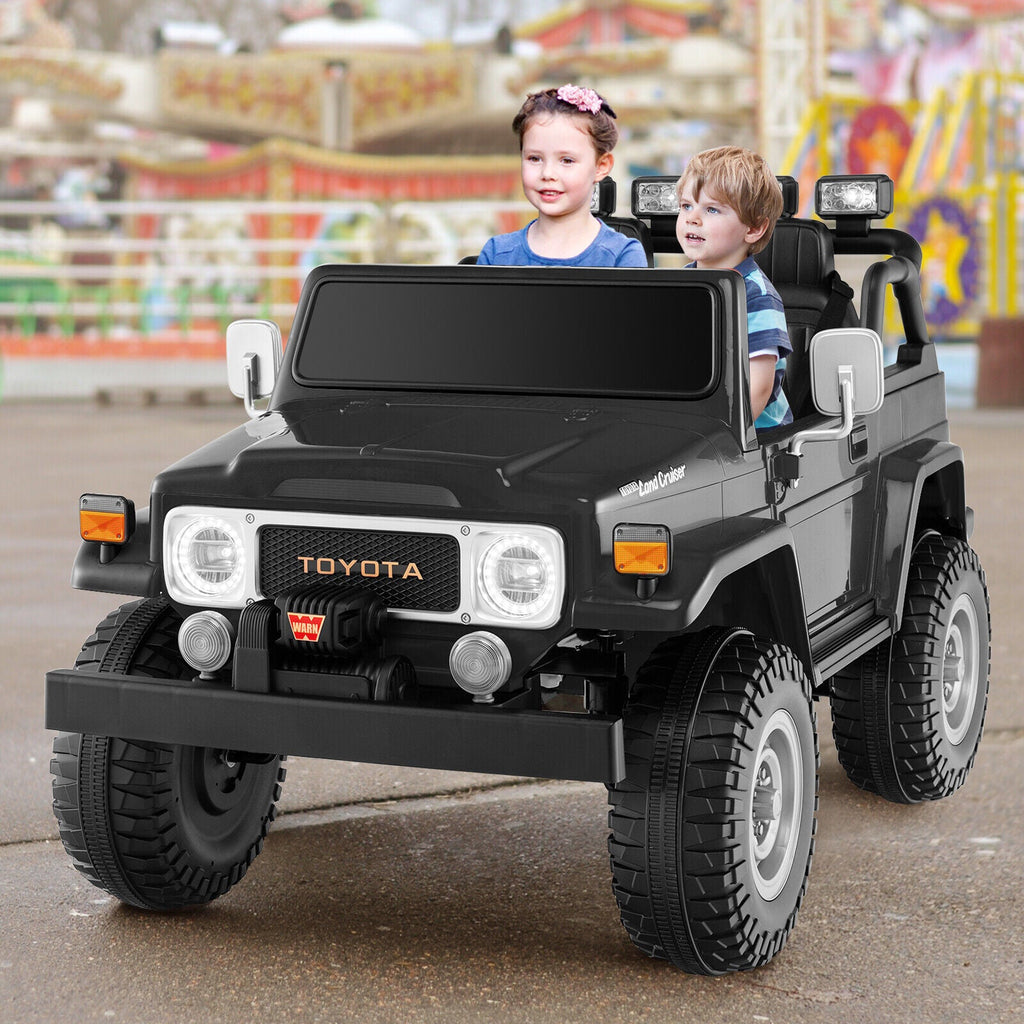 2-Seater Black Battery Powered Ride-On Car with 3-Point Seat Belts and Doors - 12V
