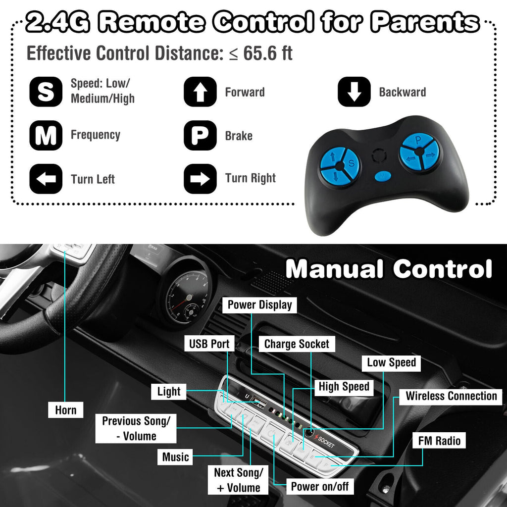 2-Seater Black Battery Powered Ride-On Car with 3-Point Seat Belts and Doors - 12V