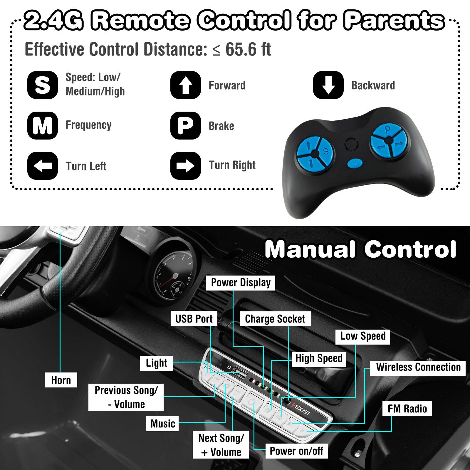 2-Seater Black Battery Powered Ride-On Car with 3-Point Seat Belts and Doors - 12V