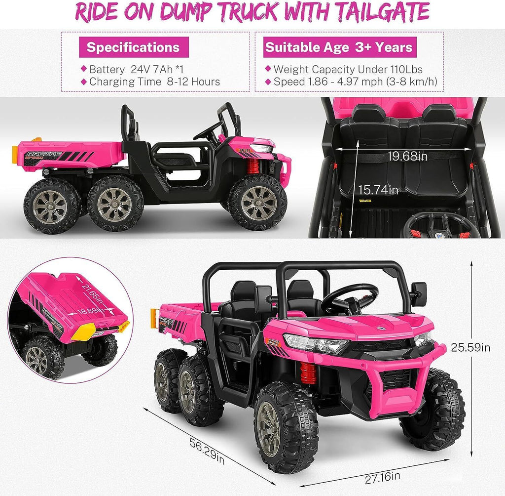 2 Seater 24V Dump Truck Ride On Car with Electric Dump Bed & Shovel - Remote Control Included