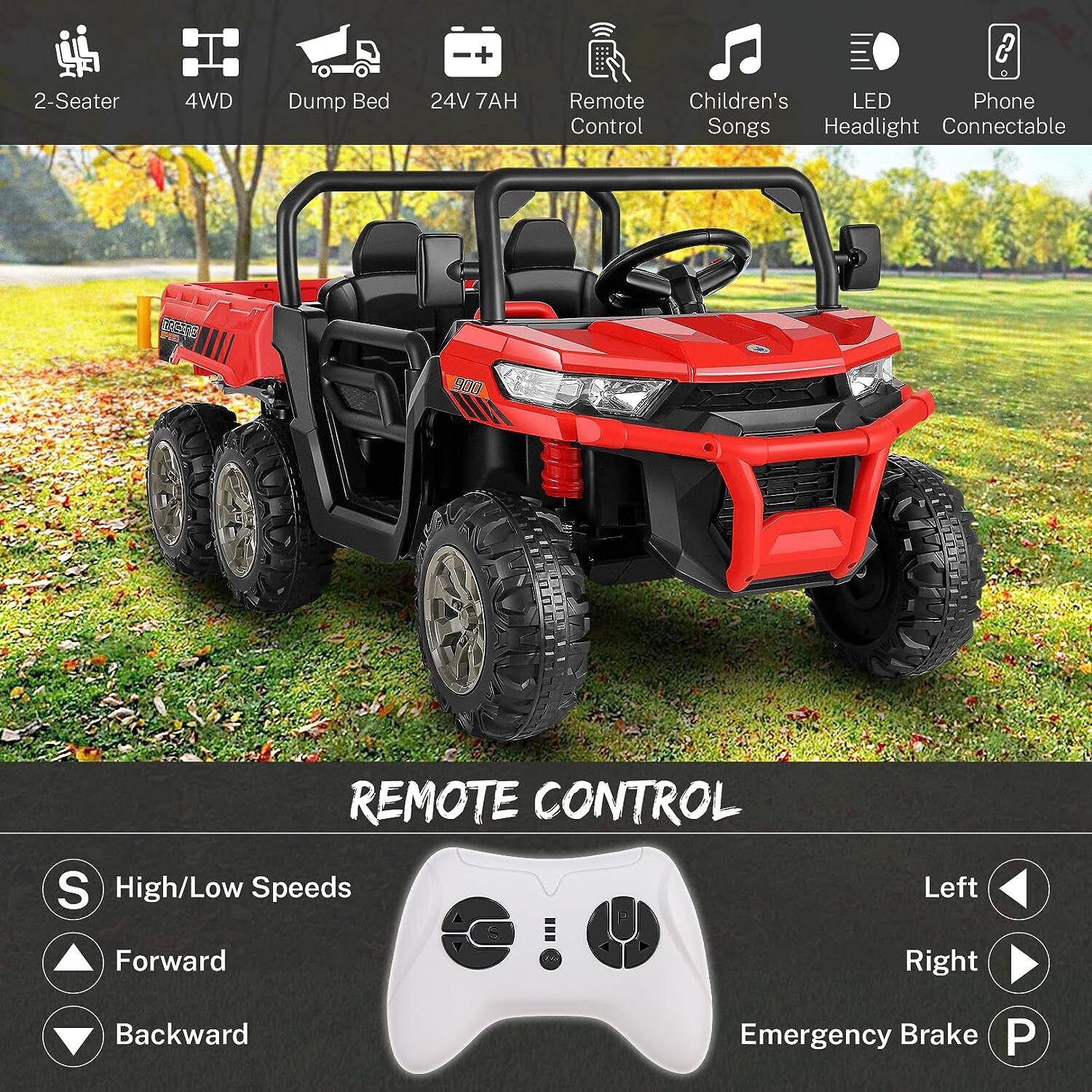 2-Seater Electric Truck Tractor with Dump Bed and Remote Control - 24V