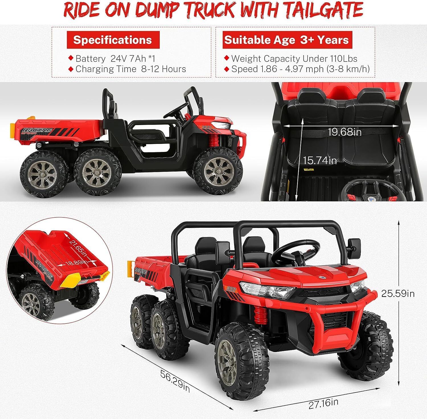 2-Seater Electric Truck Tractor with Dump Bed and Remote Control - 24V
