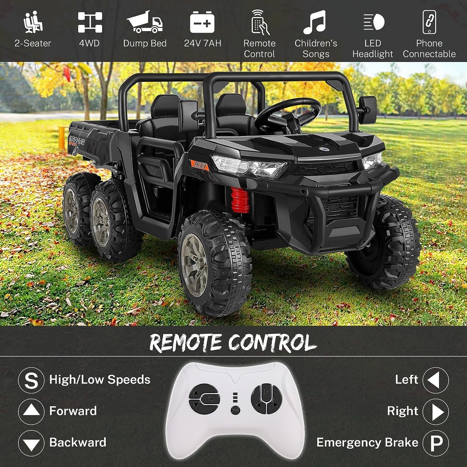 2-Seater Electric Truck Tractor with Dump Bed and Remote Control - 24V