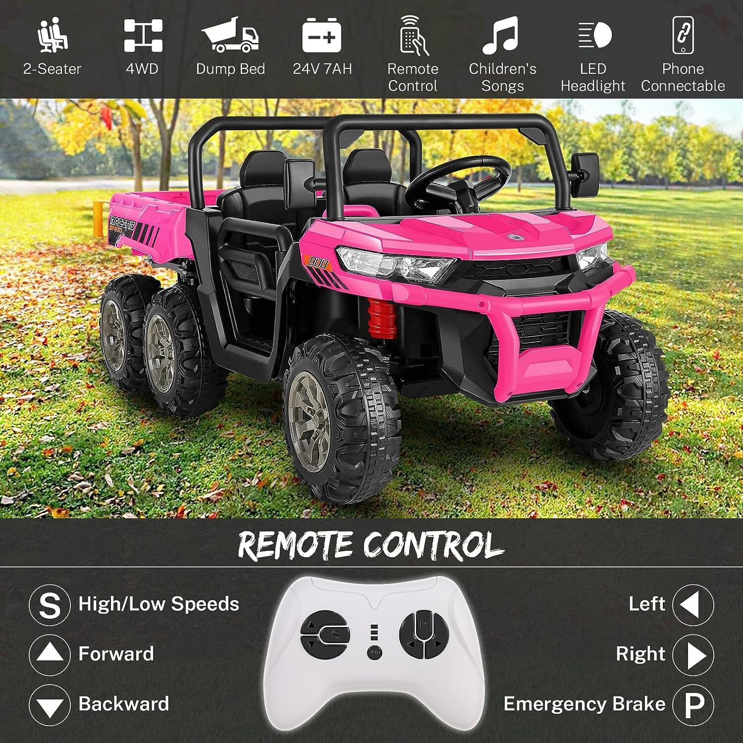Electric 2 Seater Dump Truck Ride-On Car with Remote Control and Working Dump Bed and Shovel