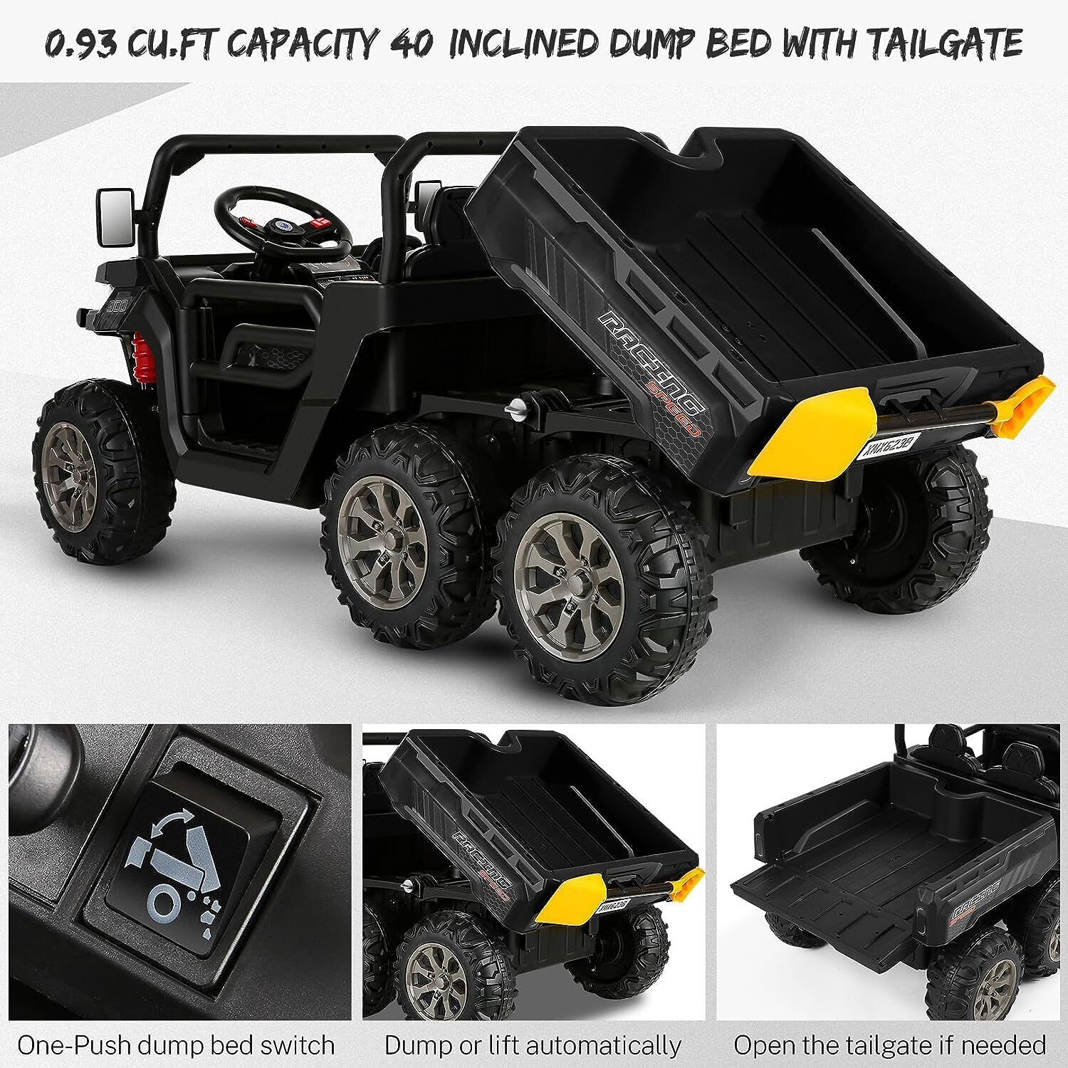 Electric 2 Seater Dump Truck Ride-On Car with Remote Control and Working Dump Bed and Shovel