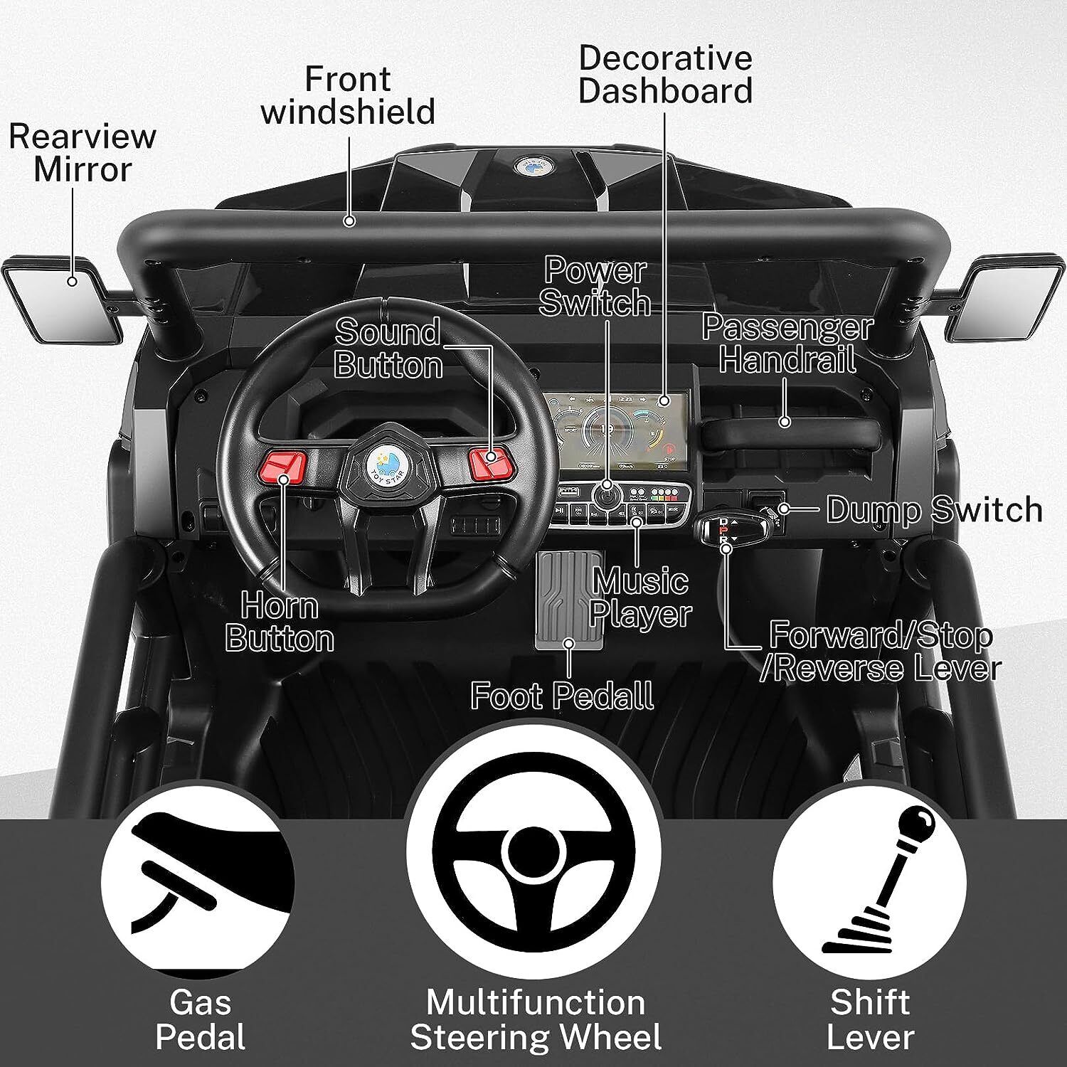 Electric 2 Seater Dump Truck Ride-On Car with Remote Control and Working Dump Bed and Shovel