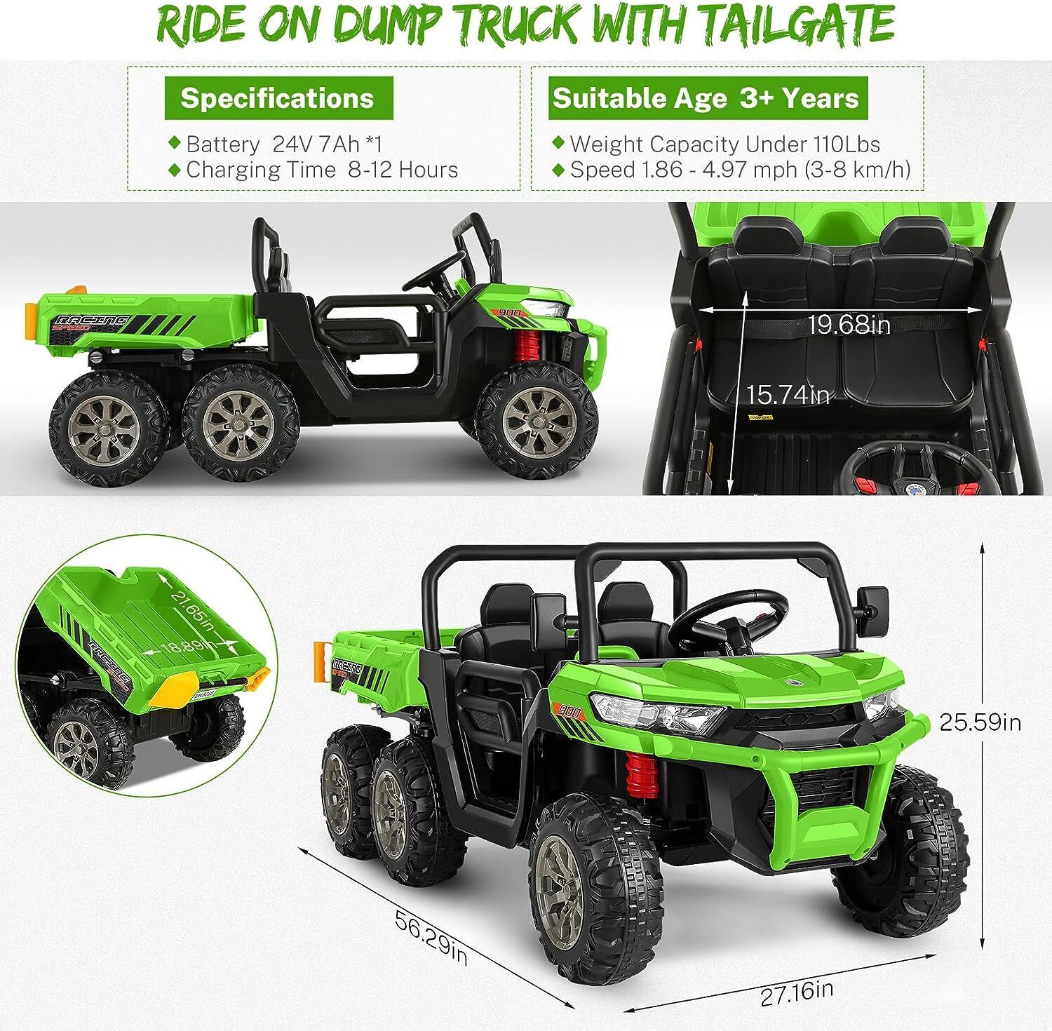 Electric 2 Seater Dump Truck Ride-On Car with Remote Control and Working Dump Bed and Shovel