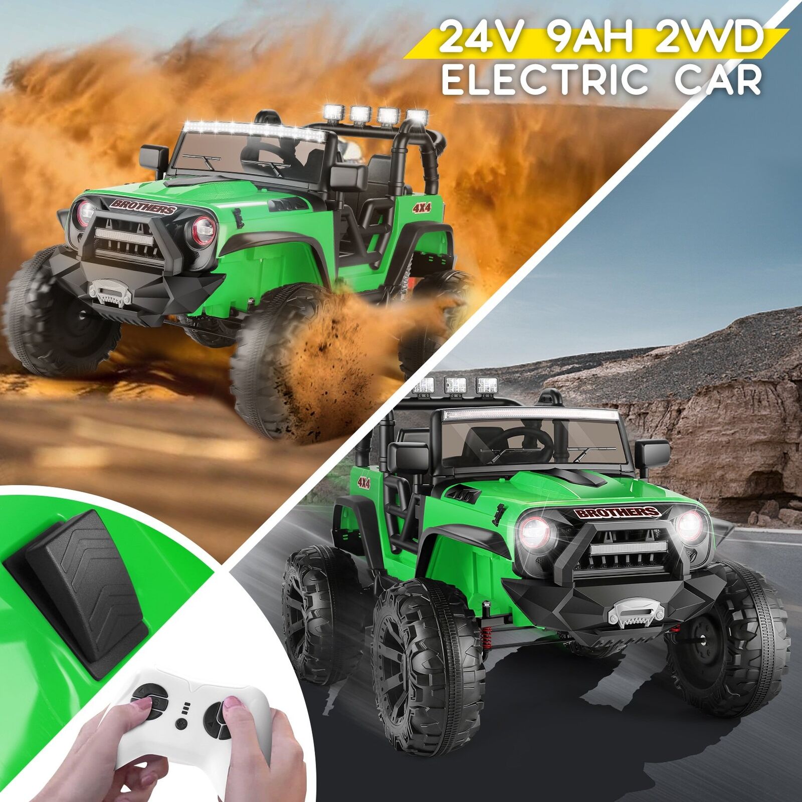 2-Seater Kids Ride on Truck with 3 Speeds, LED Light, and Remote Control - 24V 2x200W