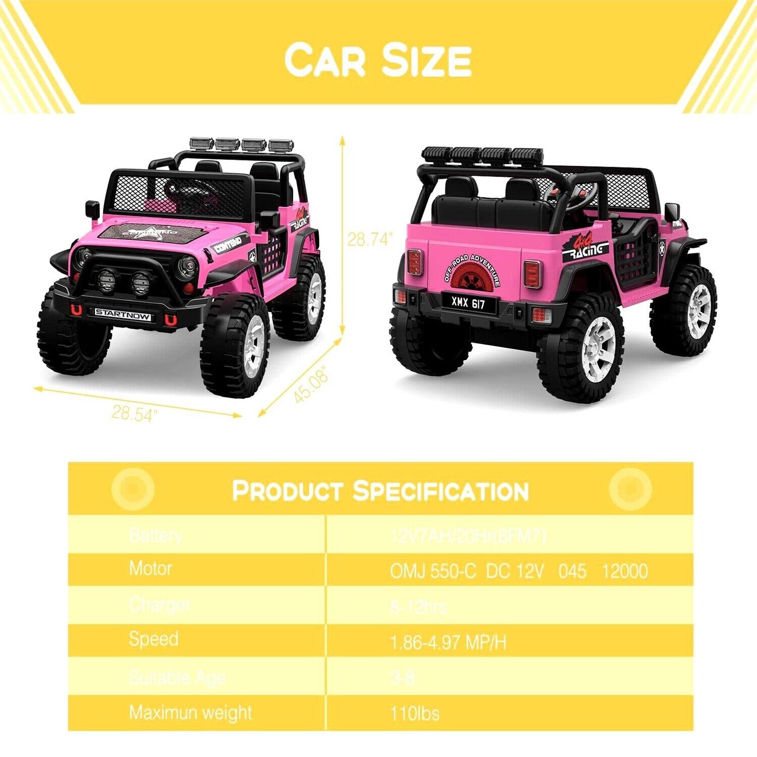 2-Seater Kids Ride-On Truck with Remote Control, LED Lights, Music, and Double Doors