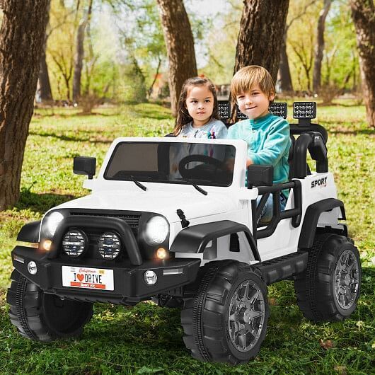 2-Seater White Ride-On Truck with Remote Control and Storage Room - 12V Power