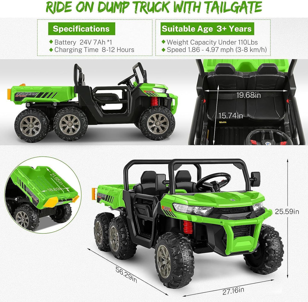 2-Seater 24V Battery-Powered 4WD Dump Truck for Kids with Remote Control