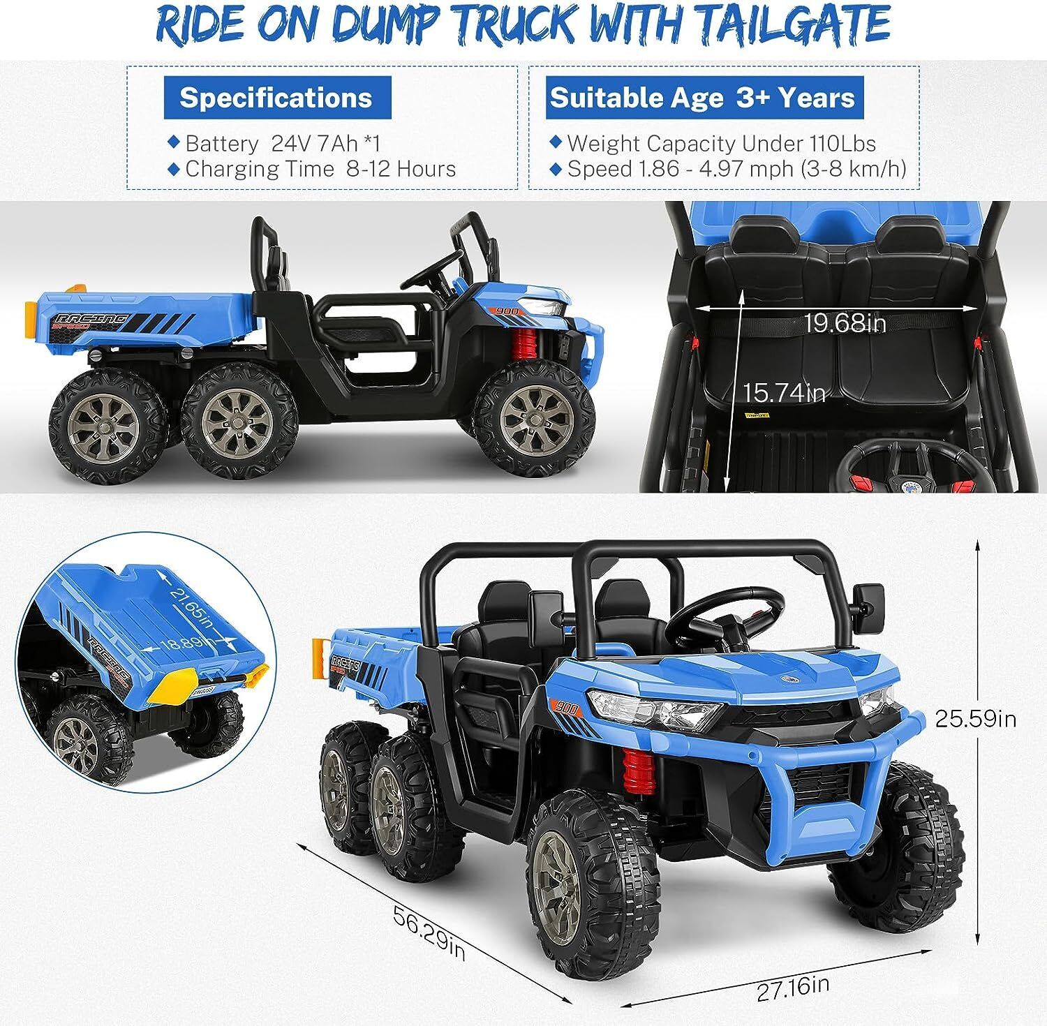 Hikole 24V 2-Seater Battery-Powered Kids Ride On Tractor with Dump Bed and RC Control