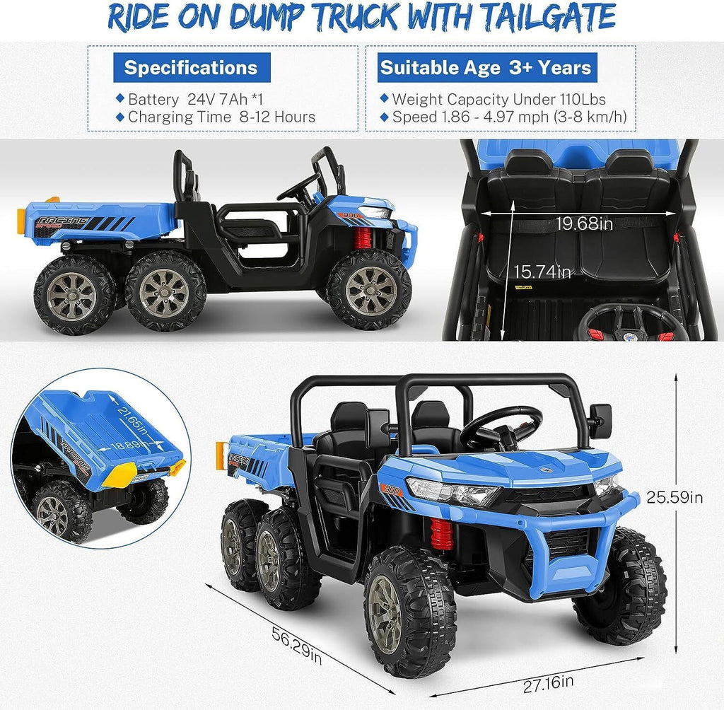 2 Seater 24V Electric Ride-On Car with Dump Bed and 4WD Tractor Trailer