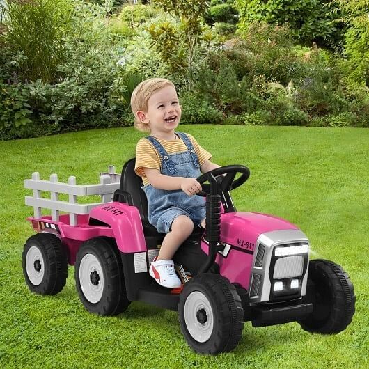 3-Gear-Shift Pink Ride-On Tractor for Kids 3+ Years with Ground Loader Attachment