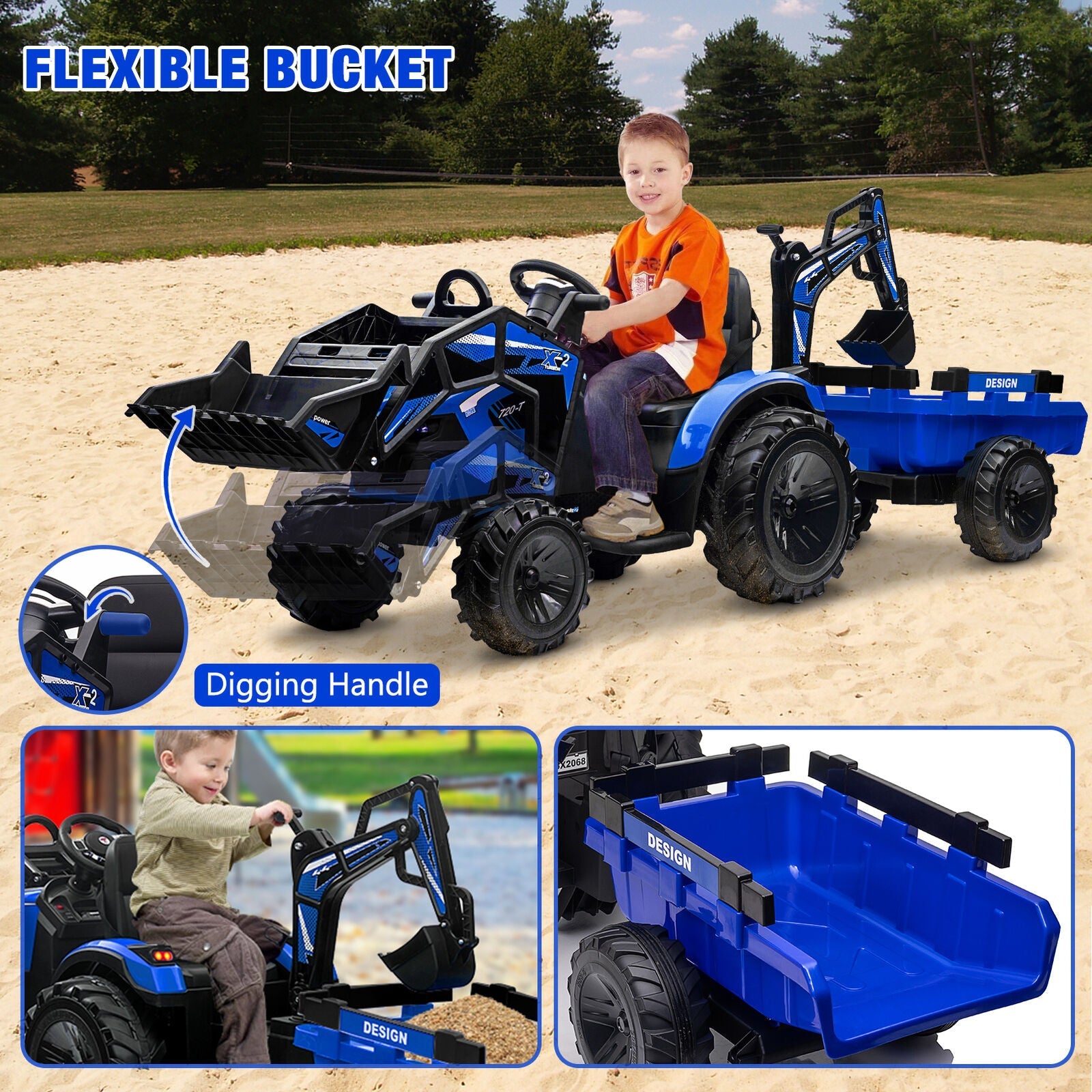 3-in-1 Electric Ride-On Excavator Bulldozer with Trailer for Kids - Remote Control Toy