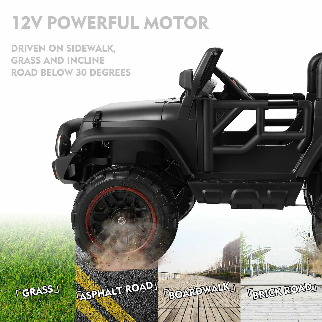 3-Speed Black Ride-On Car for Kids with RC, MP3, LED Lights, USB, and Cover - 12V Battery Powered