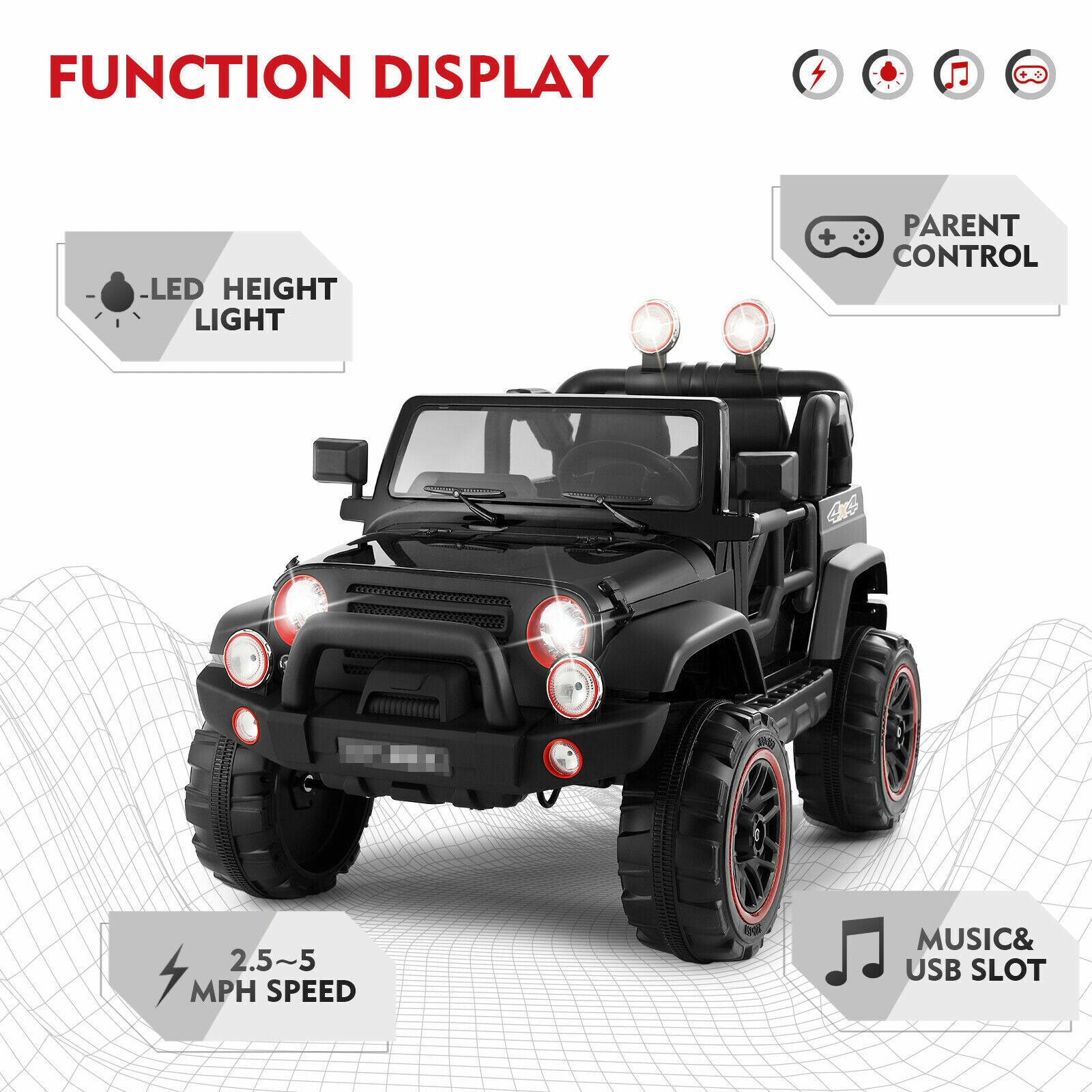 12V Black Kids Ride-On Truck with MP3, LED Lights, Remote Control, and Cover