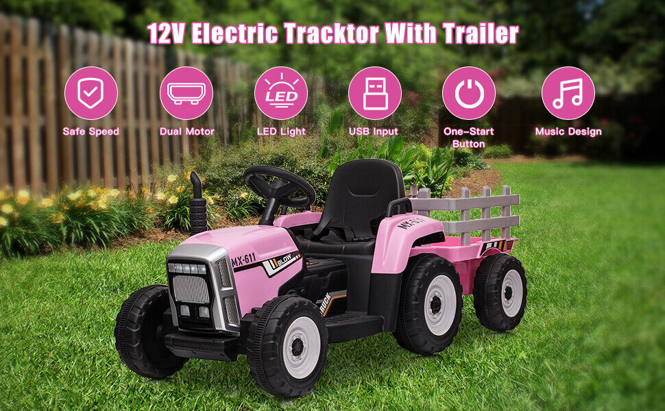 3-Speed Electric Ride On Tractor Toy with Trailer for Kids - Remote Controlled