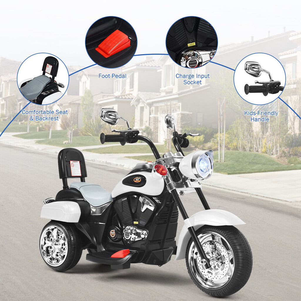 3-Wheel Chopper Motorcycle for Kids with Light & Horn - White