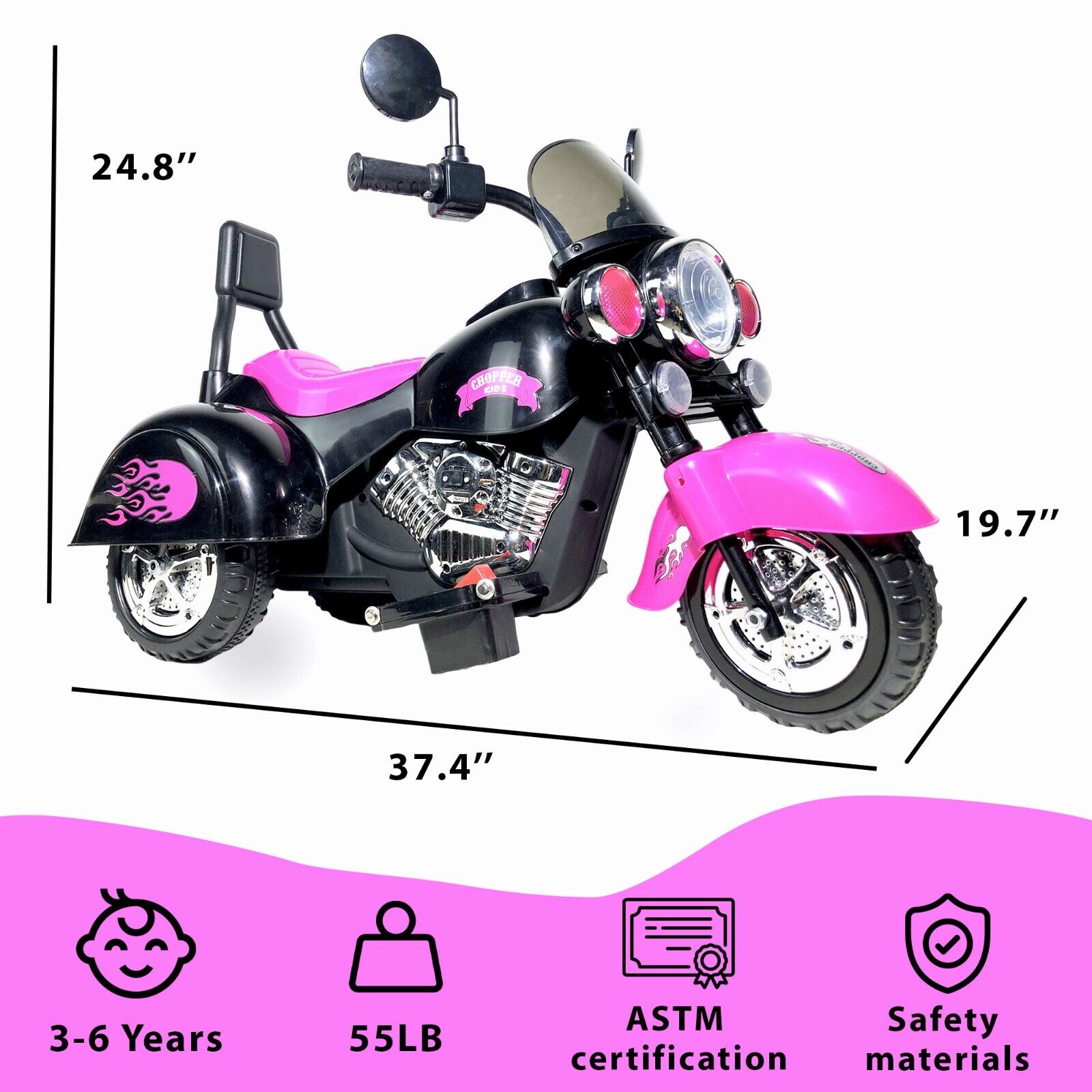 3-Wheel Chopper Ride-On Motorcycle Toy for Kids with LED Headlights