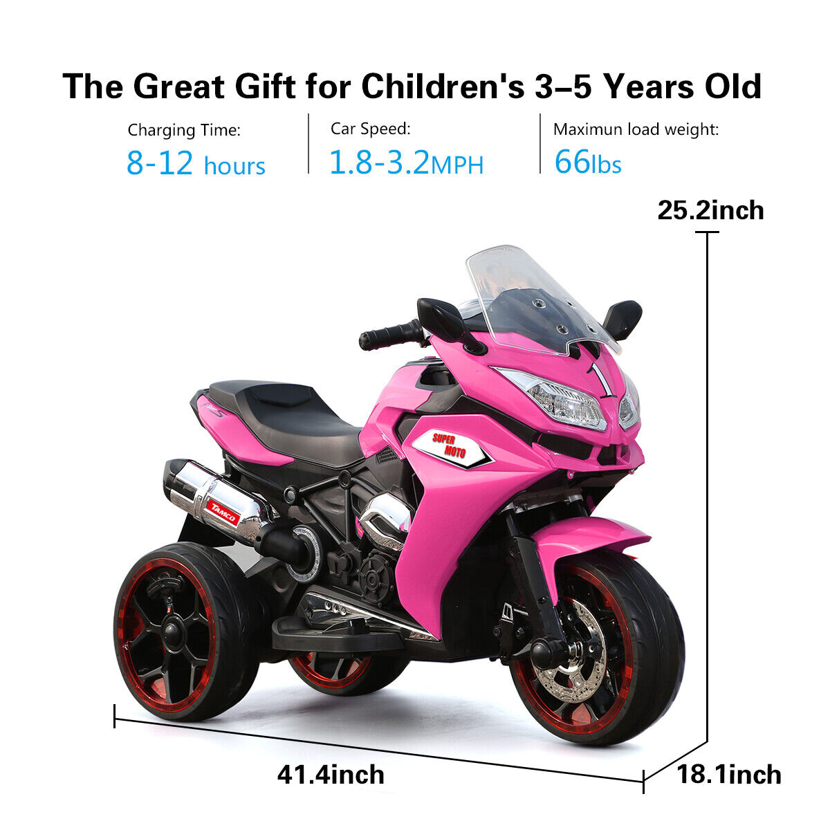 3-Wheel Kids Ride-On Motorcycle with LED Lights, Music, and Pink Screen