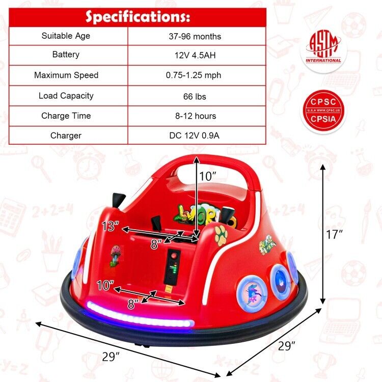 360° Electric Bumper Car for Kids with Remote Control and LED Lights - 12V Ride-On Vehicle