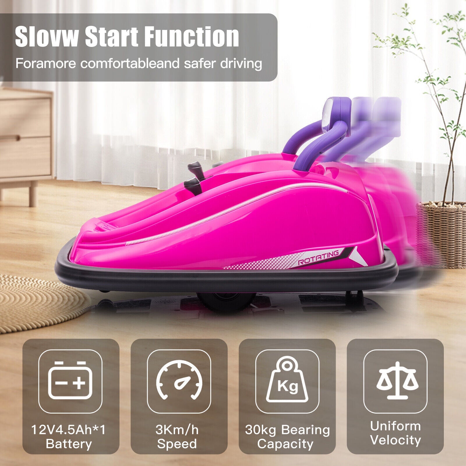 360° Rotating LED Bumper Car for Kids with Twin Motors and Parental Remote Control
