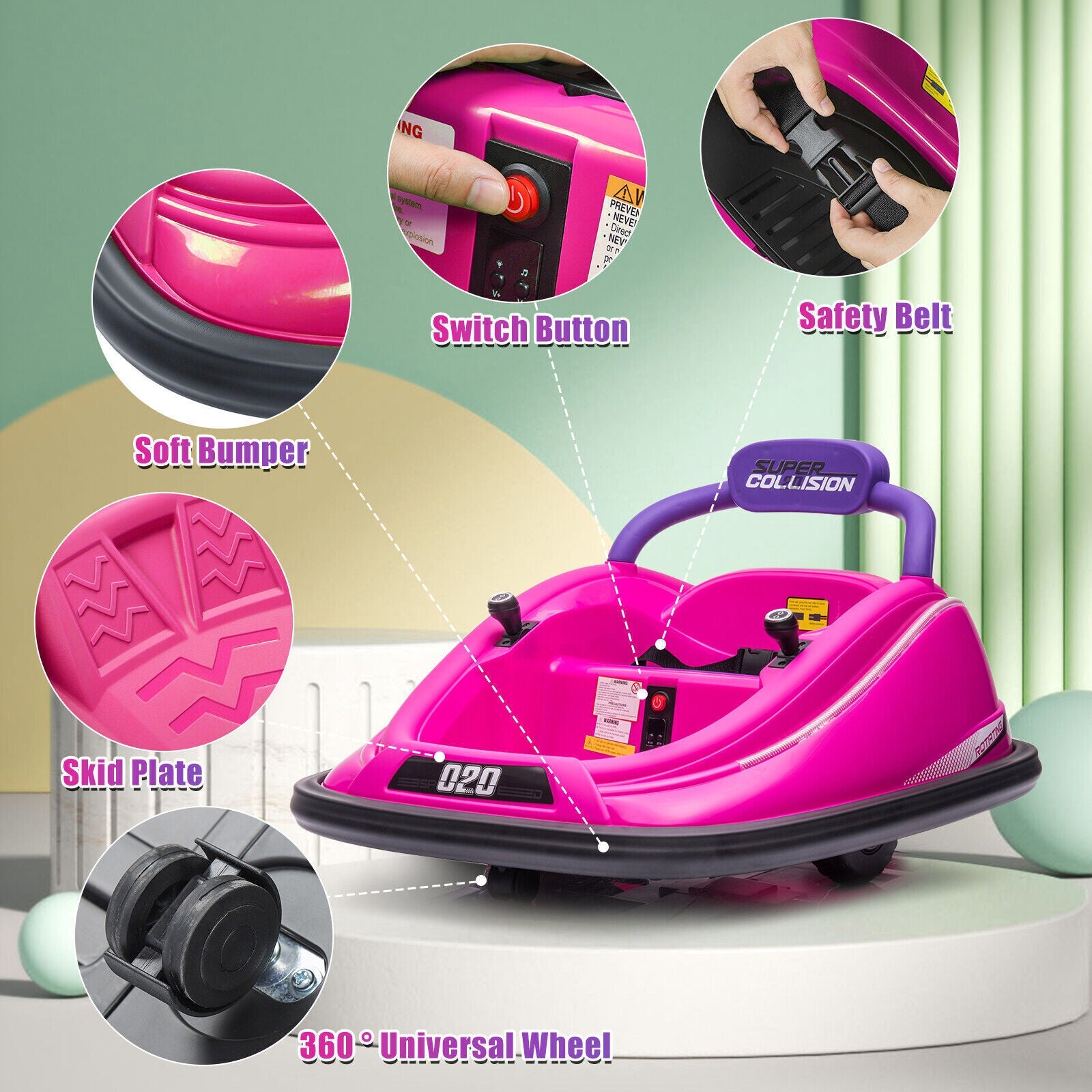 360° Rotating LED Bumper Car for Kids with Twin Motors and Parental Remote Control