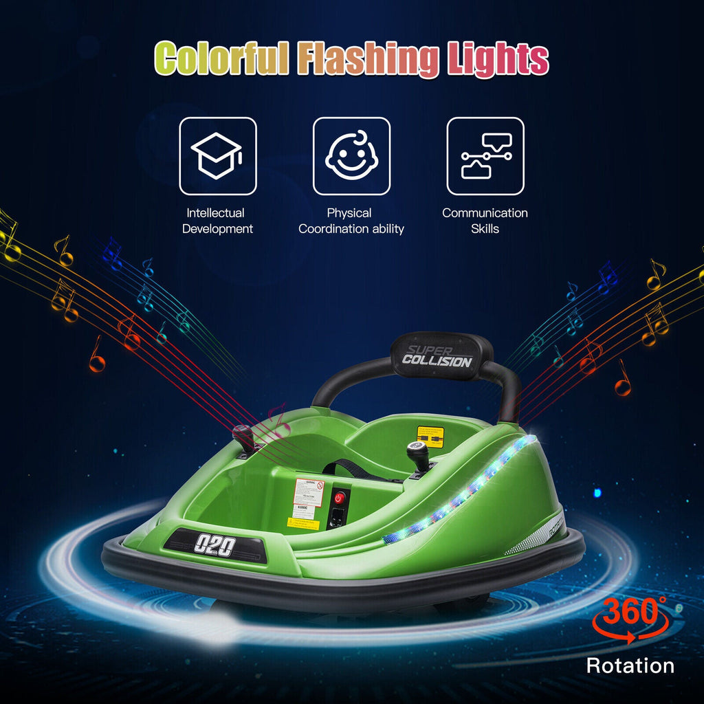360° Spin Electric Bumper Car for Kids & Toddlers with Remote Control - Green, 12V, 2 Modes