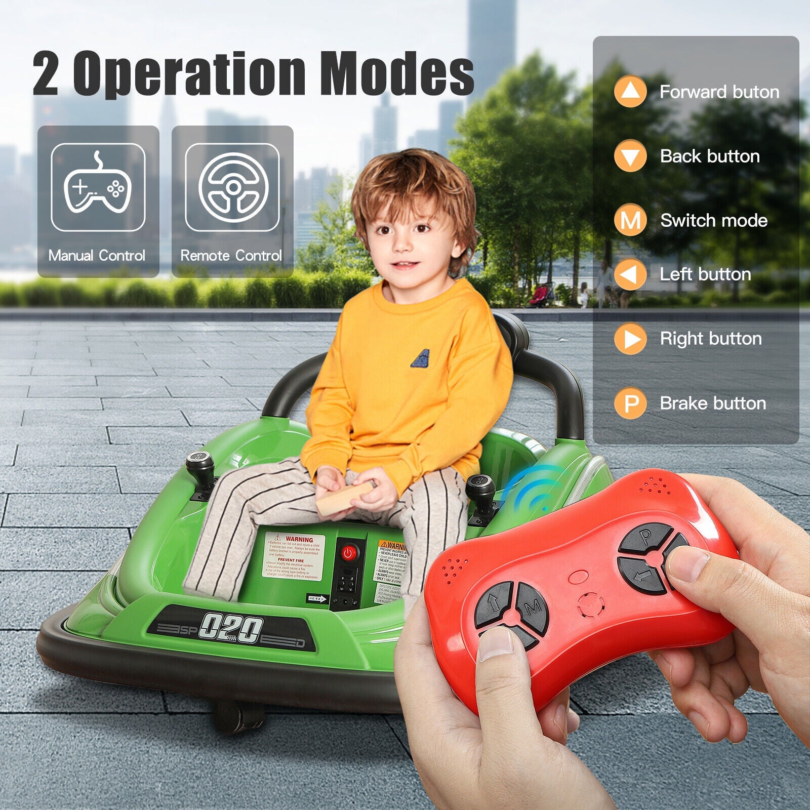 360° Spin Electric Bumper Car for Kids & Toddlers with Remote Control - Green, 12V, 2 Modes