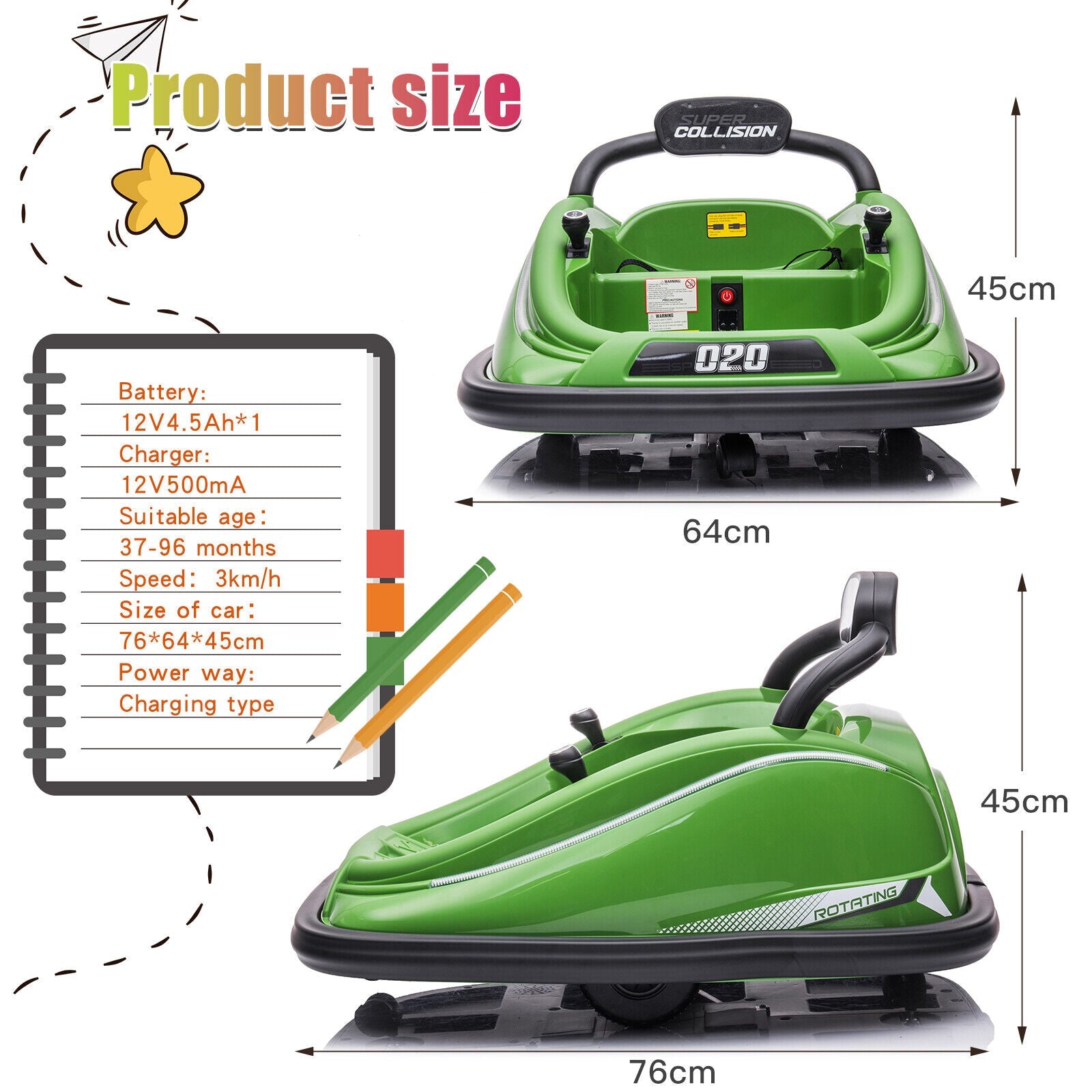 360° Spin Electric Bumper Car for Kids & Toddlers with Remote Control - Green, 12V, 2 Modes
