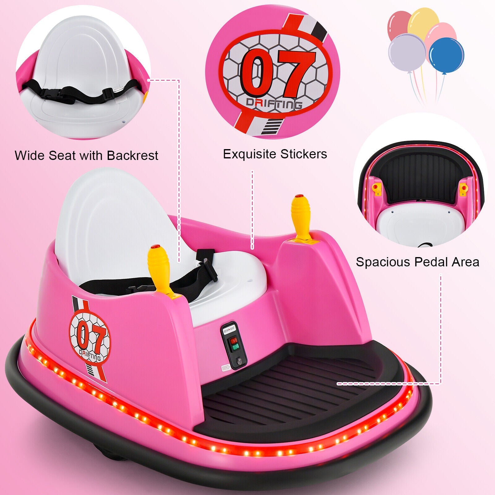 360° Spin Race Bumper Car 12V Toy with Remote Control - Pink
