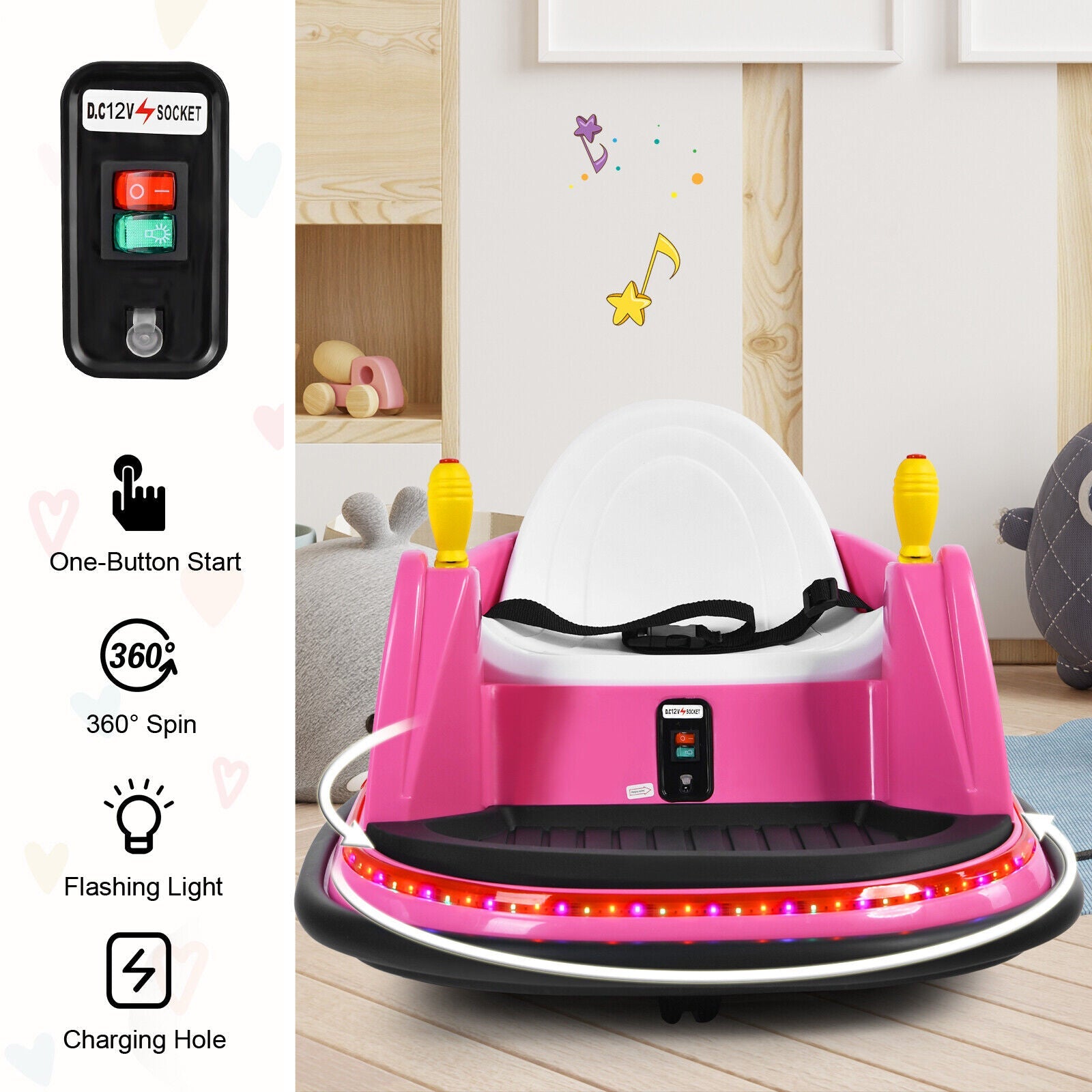 360° Spin Race Bumper Car 12V Toy with Remote Control - Pink