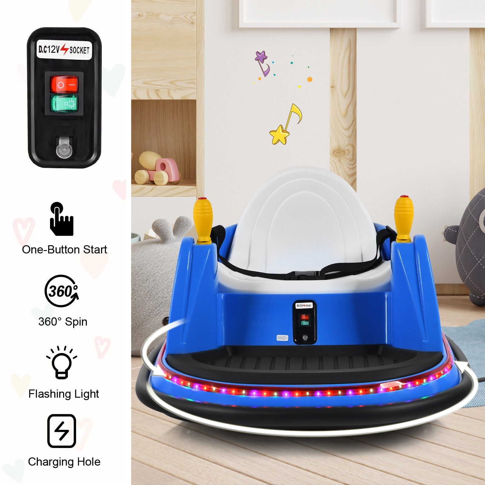 360° Spin Race Bumper Car for Kids with Remote Control - Blue