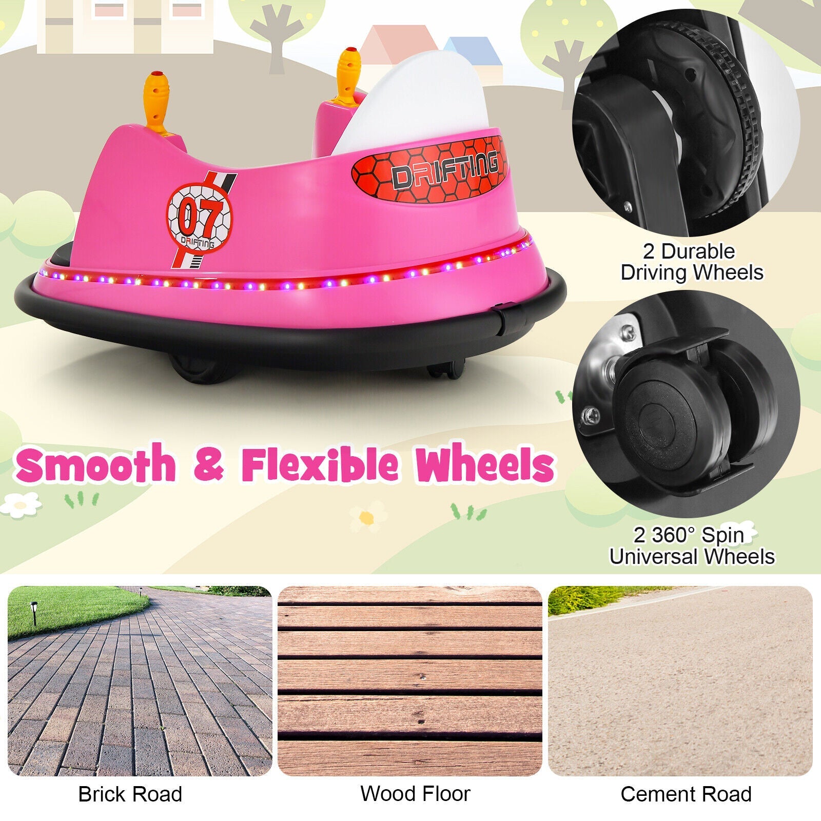 360° Spin Race Bumper Car for Kids with Remote Control - Pink 12V Vehicle