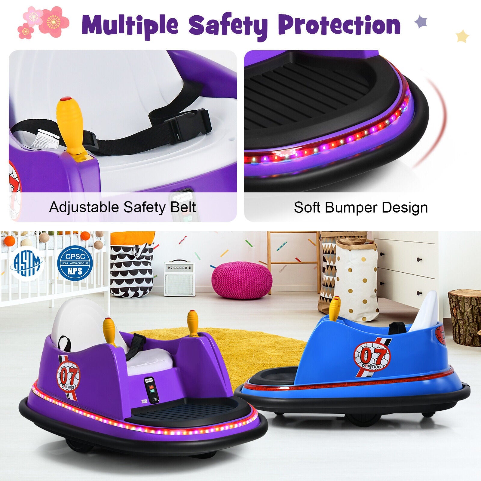 360° Spin Race Bumper Car for Kids with Remote Control - Purple 12V Vehicle