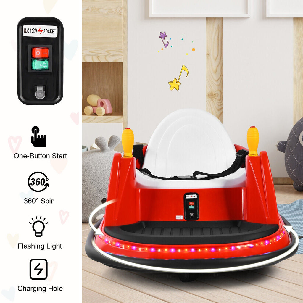 360° Spin Race Bumper Car for Kids with Remote Control - Red, 12V Vehicle