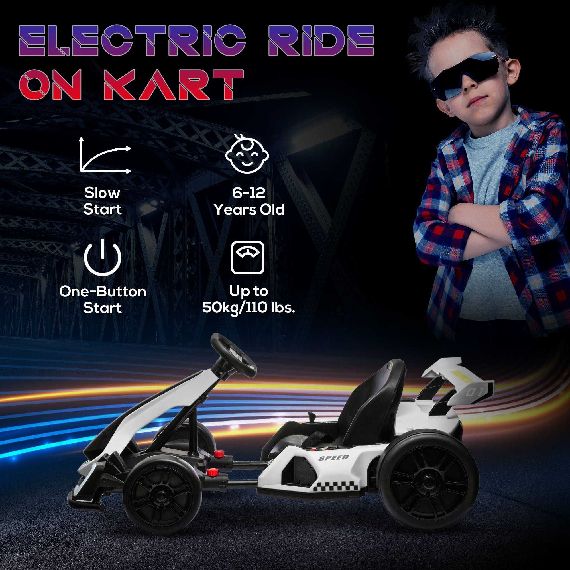 Adjustable Seat Electric Go Kart with Slow Start - 24V, 7.5 MPH