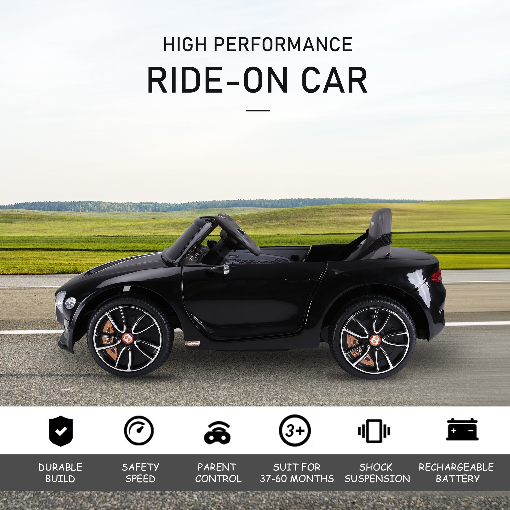 Licensed 12V Bentley Ride On Car for Kids with Parent Remote Control - Black