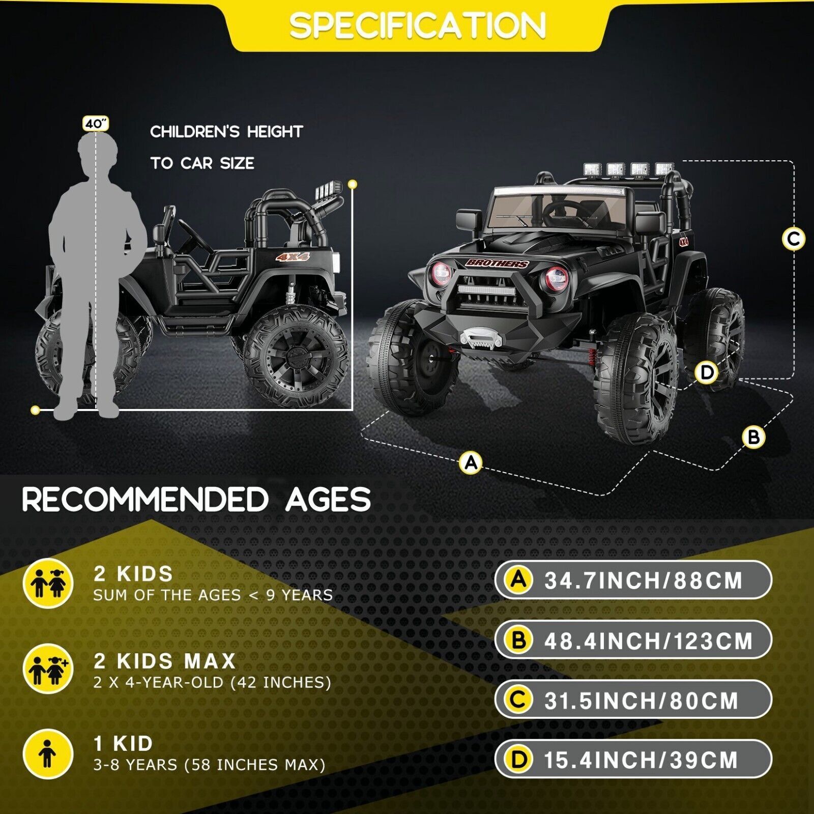 400W 2-Seater Electric Ride-On Jeep for Kids with LED Lights and 24V Battery