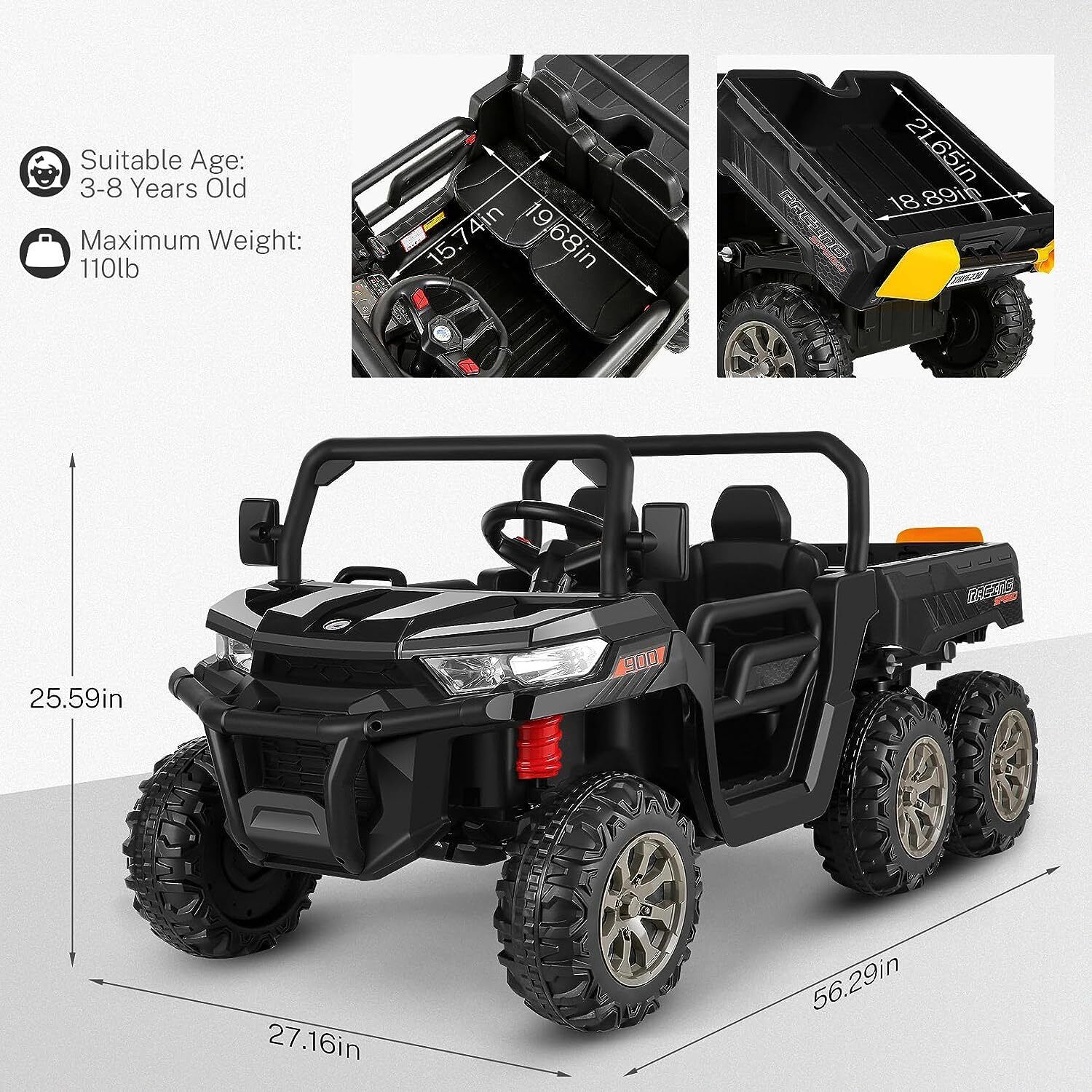 6x6 Ride On UTV Truck with Dump Bed, 6 Suspension, and 4WD - Perfect for Kids with LED Lights and Remote Control