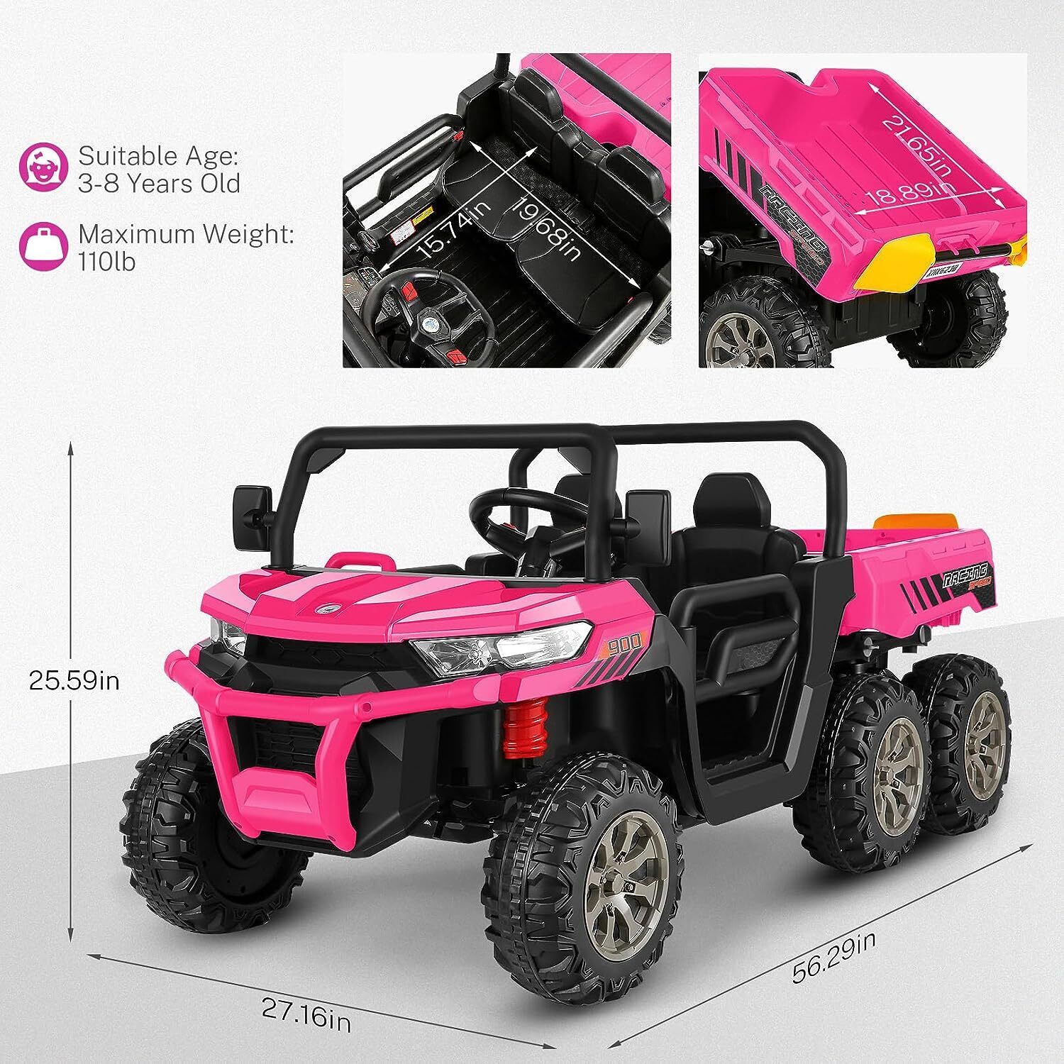 2-Seater 300W 4WD 6x6 Ride On UTV Truck with Dump Bed and LED Lights + Remote Control for Kids (24V)